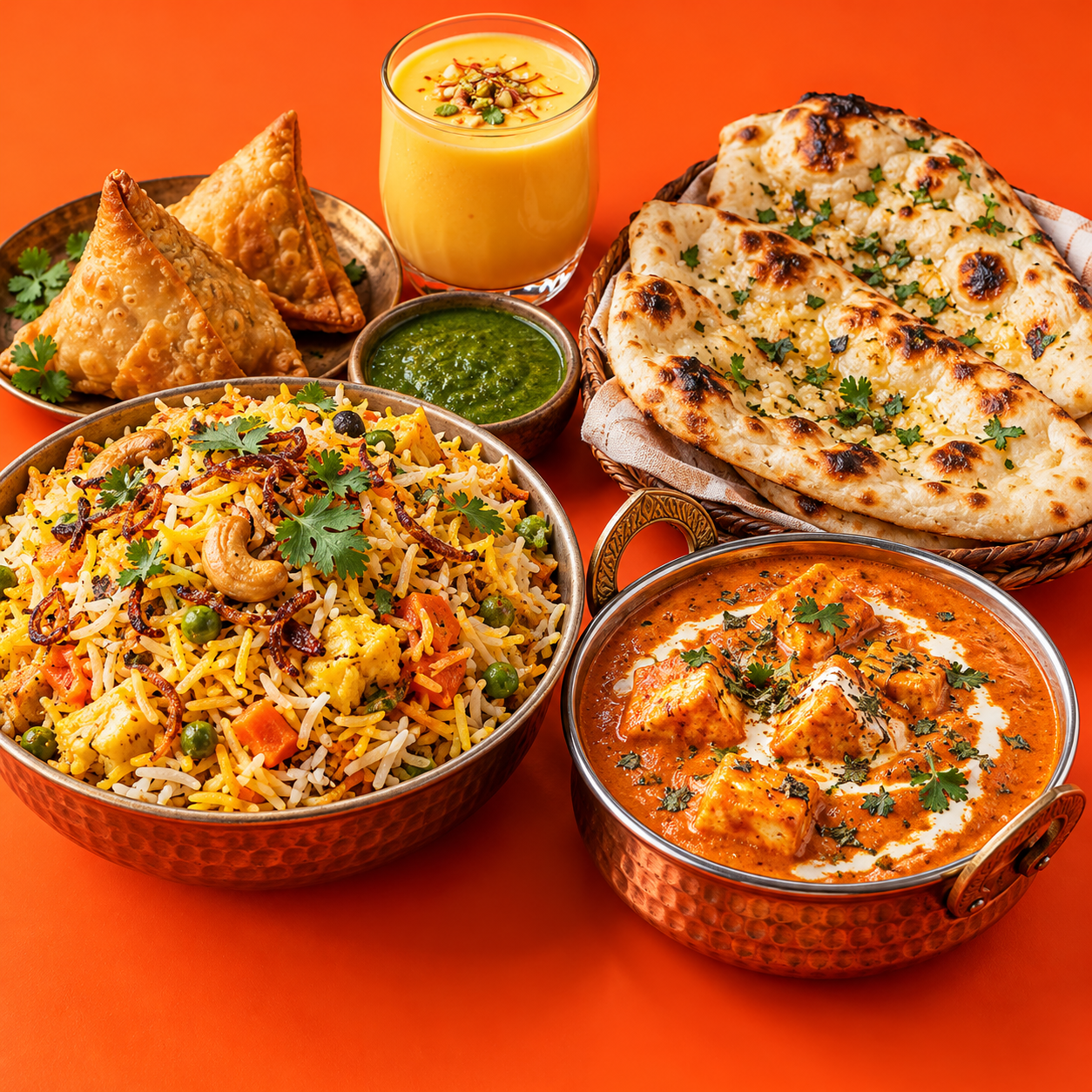 Vegetable biryani, paneer curry, naan, samosas and mango lassi